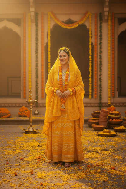 Bright yellow bandhani suit set in semi gajji silk with gota patti work
