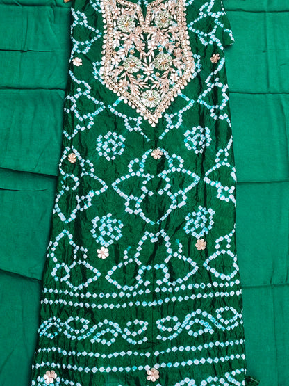 Bottle green bandhani shirt piece with scattered gota flower butis