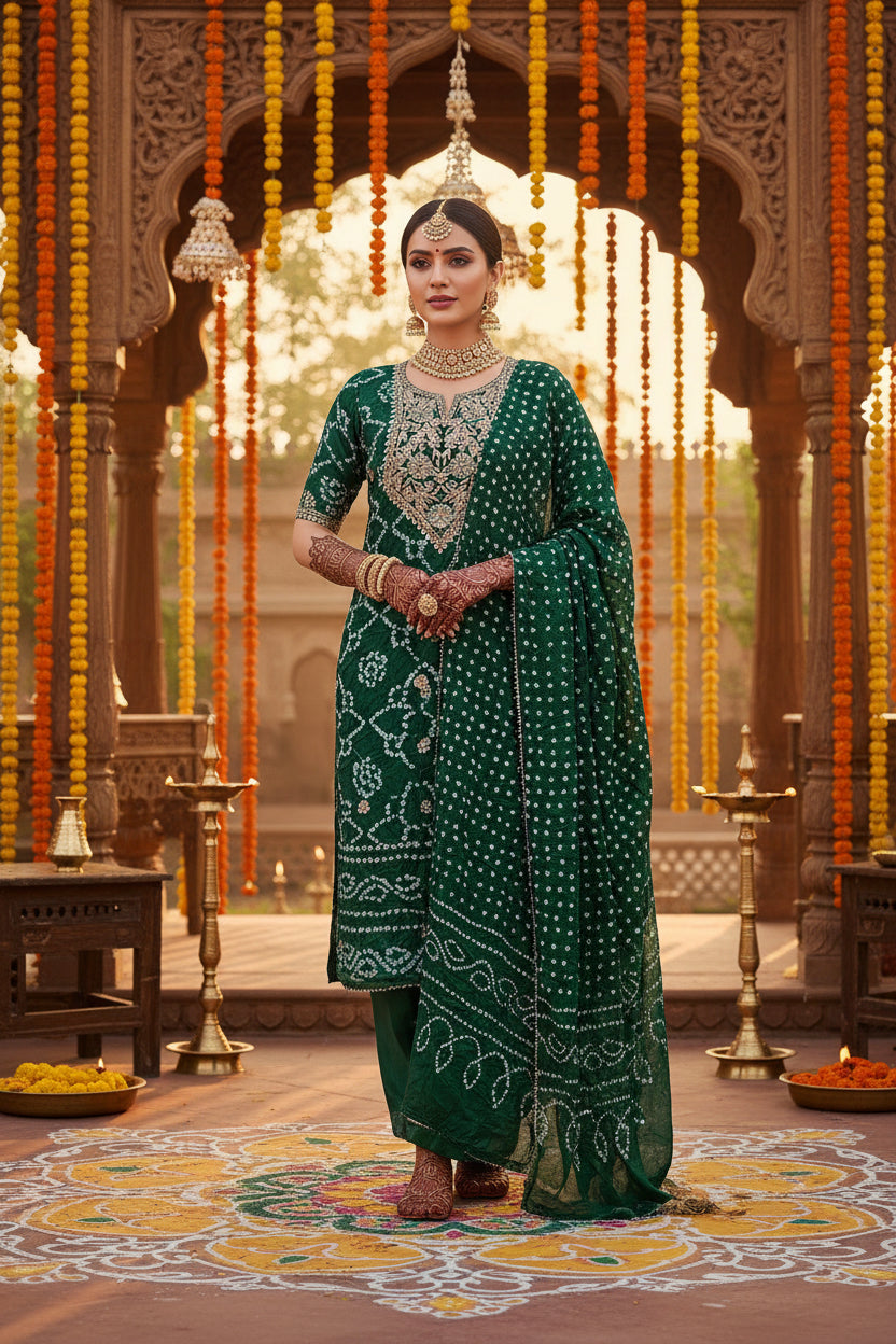 Bottle green bandhani suit set in semi gajji silk with gota patti work