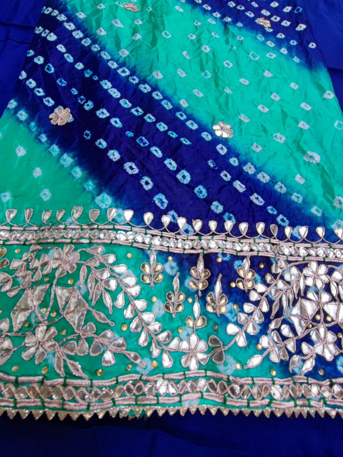 Bandhani shirt piece shading from rama green to blue with gota buttis