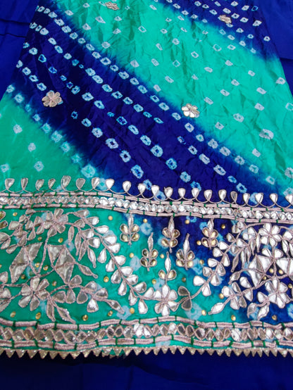 Bandhani shirt piece shading from rama green to blue with gota buttis