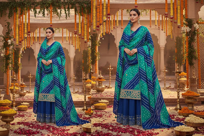 Rama green and blue bandhani suit set in semi gajji silk with gota patti work