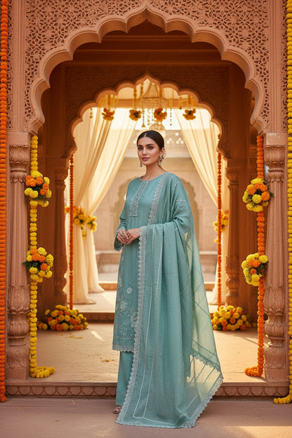 Sea Green Mul Cotton Suit with Mirror Work