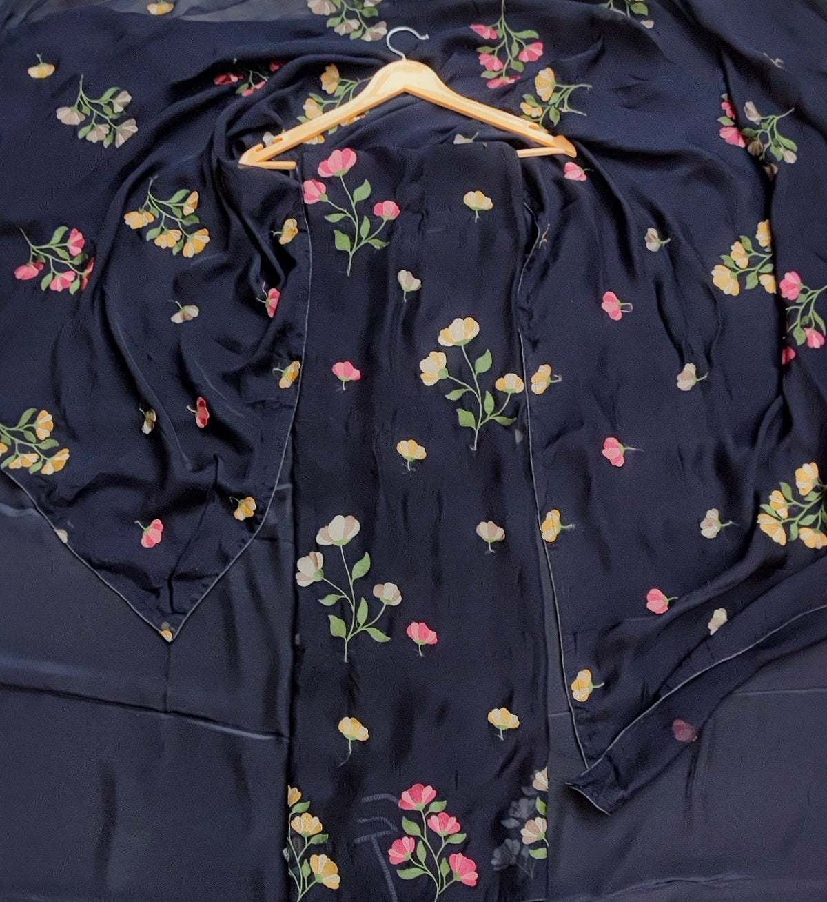 Black Organza Suit with Floral Thread Work