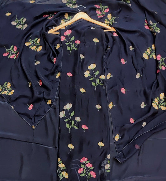 Black Organza Suit with Floral Thread Work