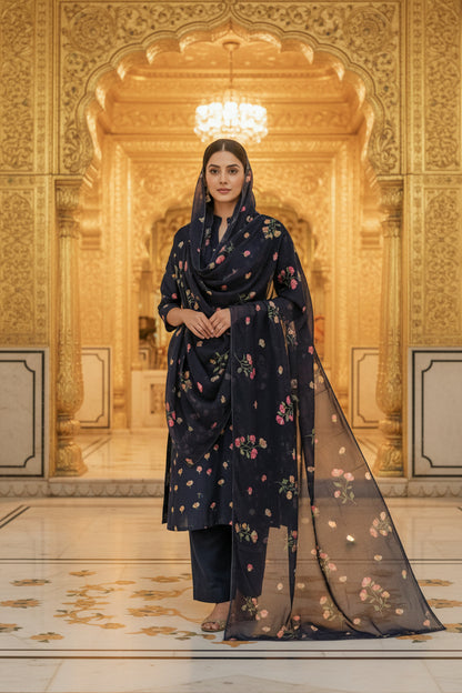 Black Organza Suit with Floral Thread Work