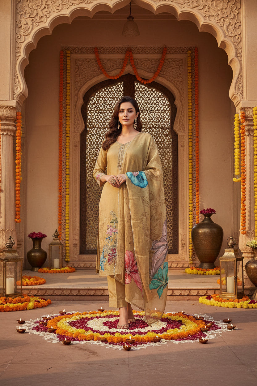 Mustard Organza Suit with Floral Digital Print