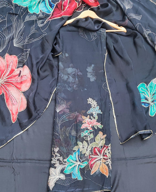 Black Organza Suit with Floral Digital Print