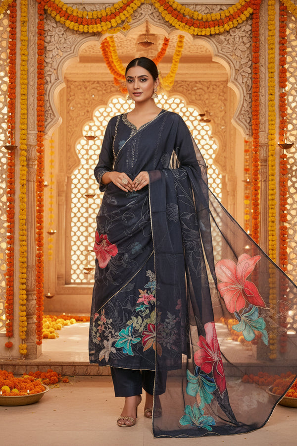 Black Organza Suit with Floral Digital Print