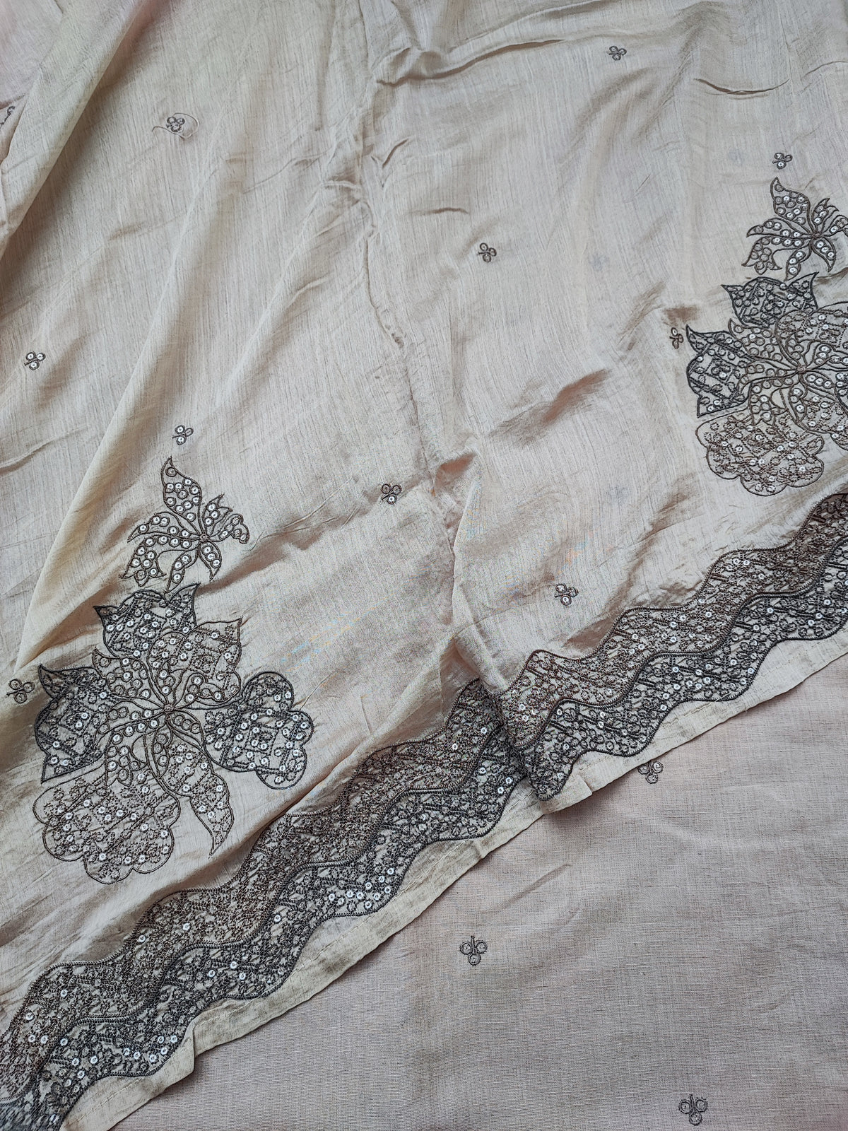 Beige tabby silk dupatta with embroidered border and handmade corner hangings