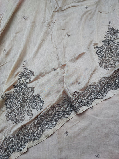 Beige tabby silk dupatta with embroidered border and handmade corner hangings