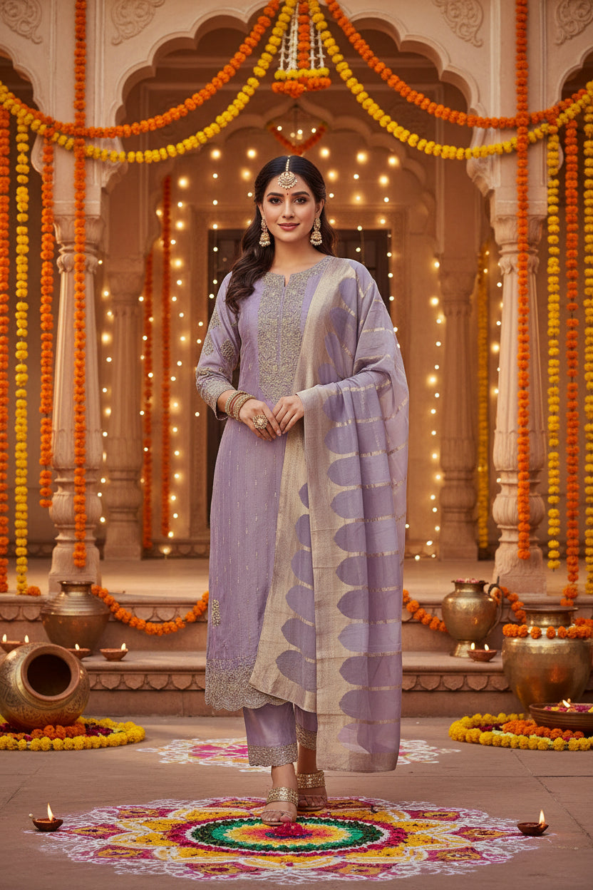 Lavender Silk Suit with Banarasi Dupatta