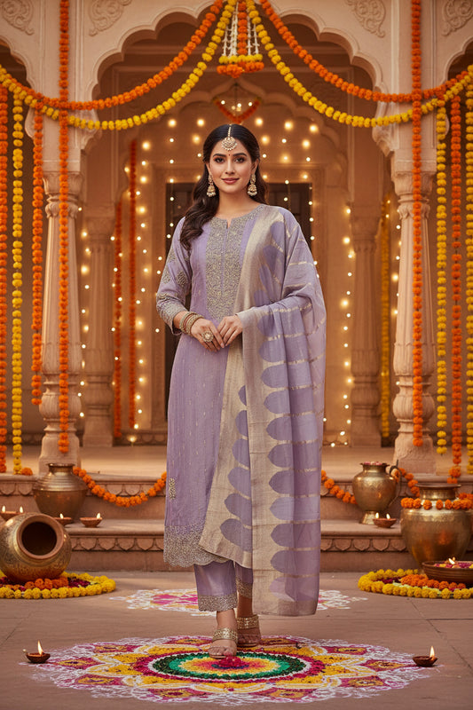 Lavender Silk Suit with Banarasi Dupatta