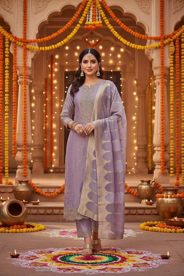 Lavender Silk Suit with Banarasi Dupatta