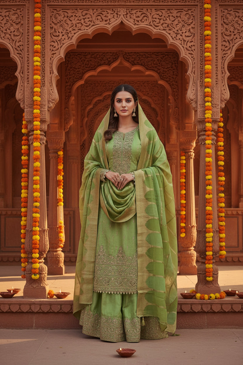 Parrot Green Silk Suit with Banarasi Dupatta