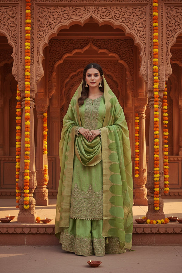Parrot Green Silk Suit with Banarasi Dupatta
