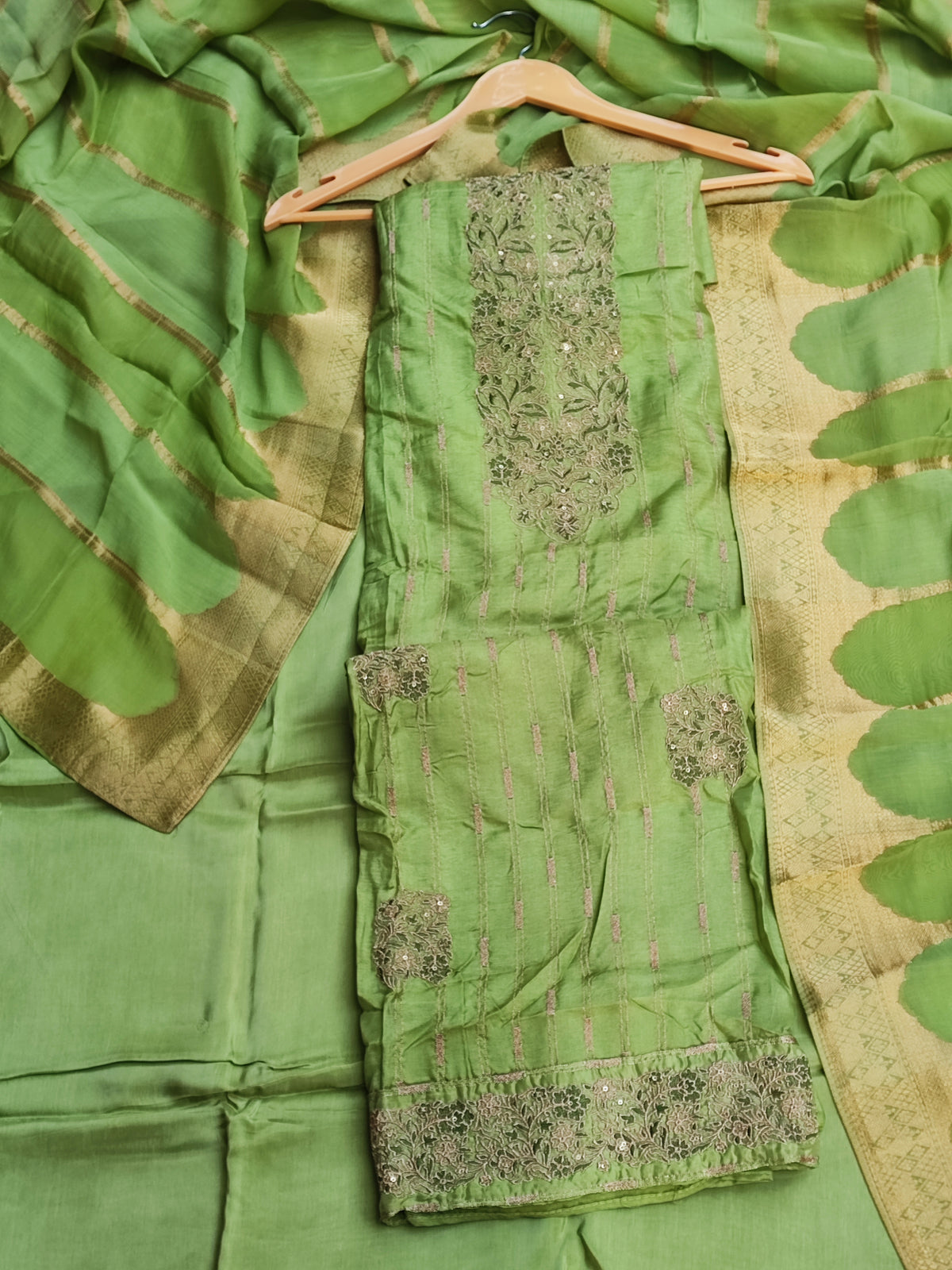Parrot Green Silk Suit with Banarasi Dupatta