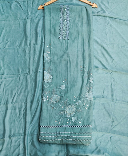 Sea Green Mul Cotton Suit with Mirror Work