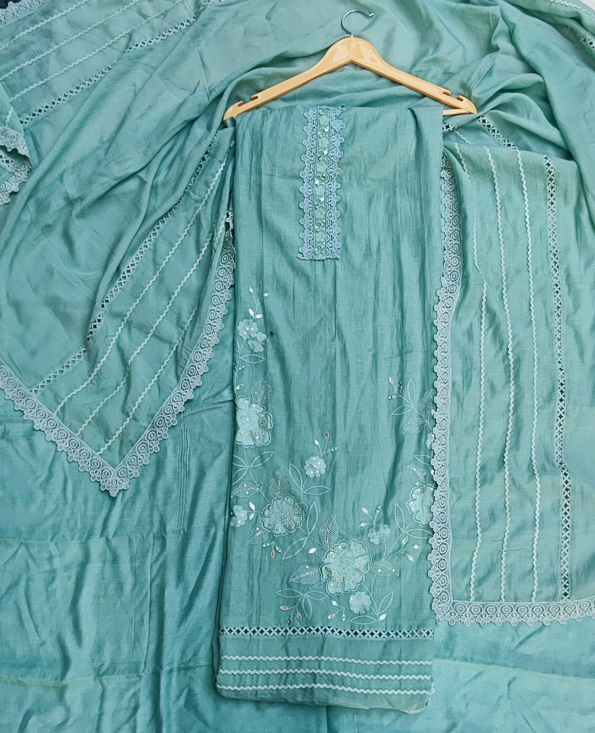 Sea Green Mul Cotton Suit with Mirror Work