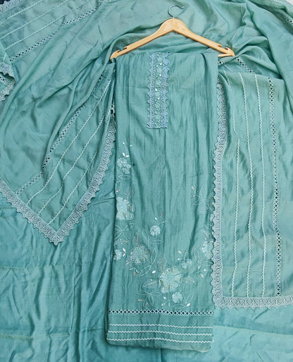 Sea Green Mul Cotton Suit with Mirror Work