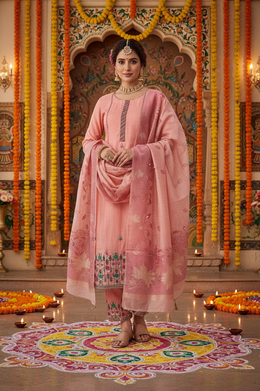 Peach Mul Chanderi Suit with Jamdani Dupatta
