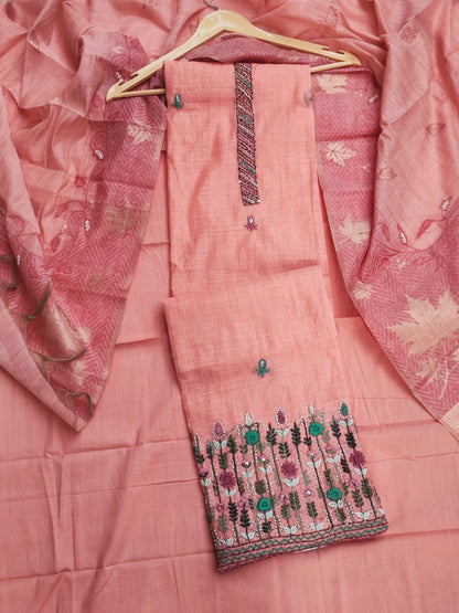 Peach Mul Chanderi Suit with Jamdani Dupatta