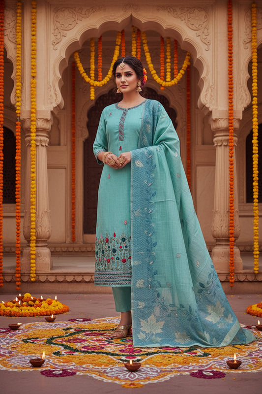 Sea Green Mul Chanderi Suit with Jamdani Dupatta