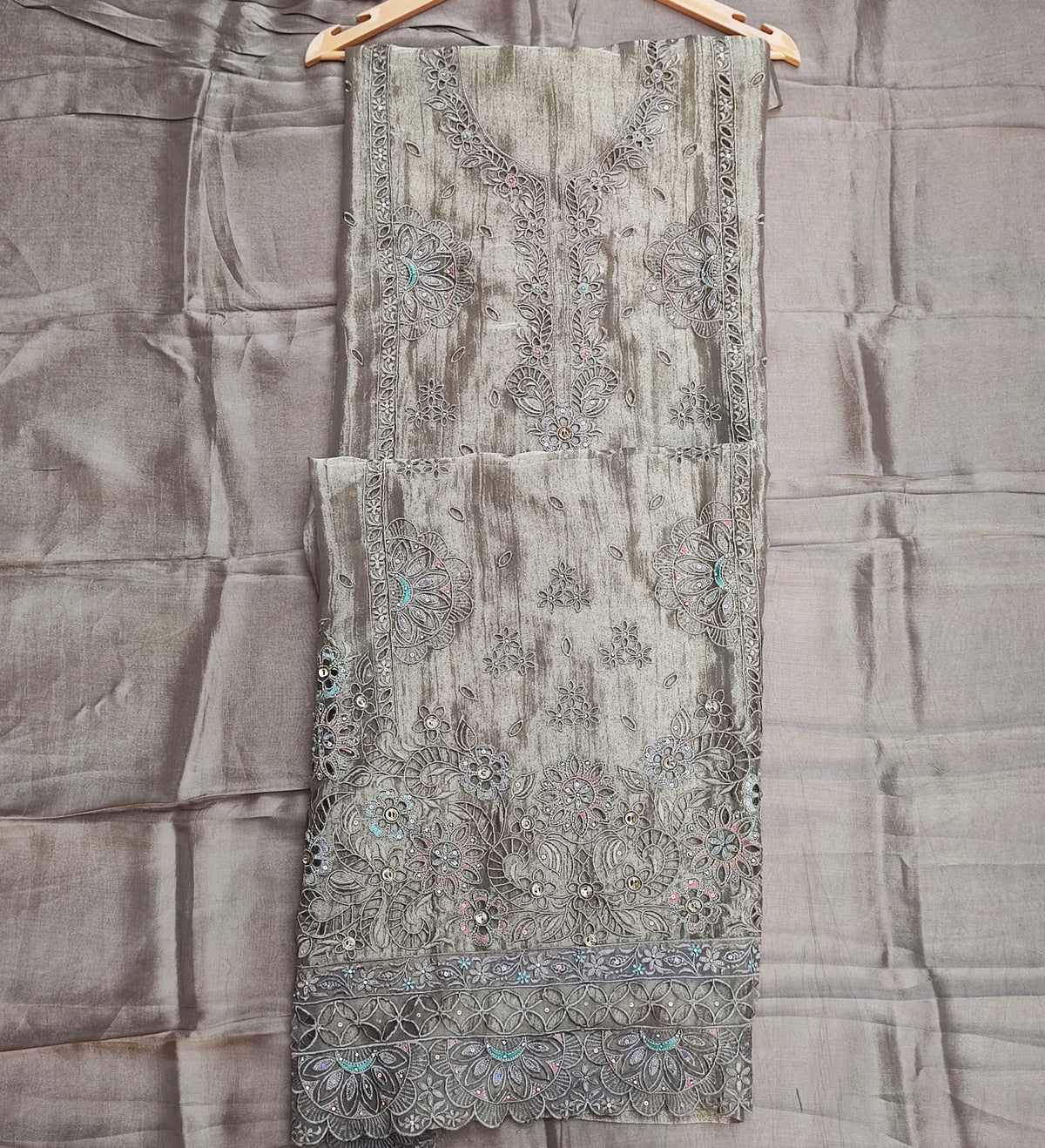 Golden Crushed Tissue Suit with Cutwork & Stones