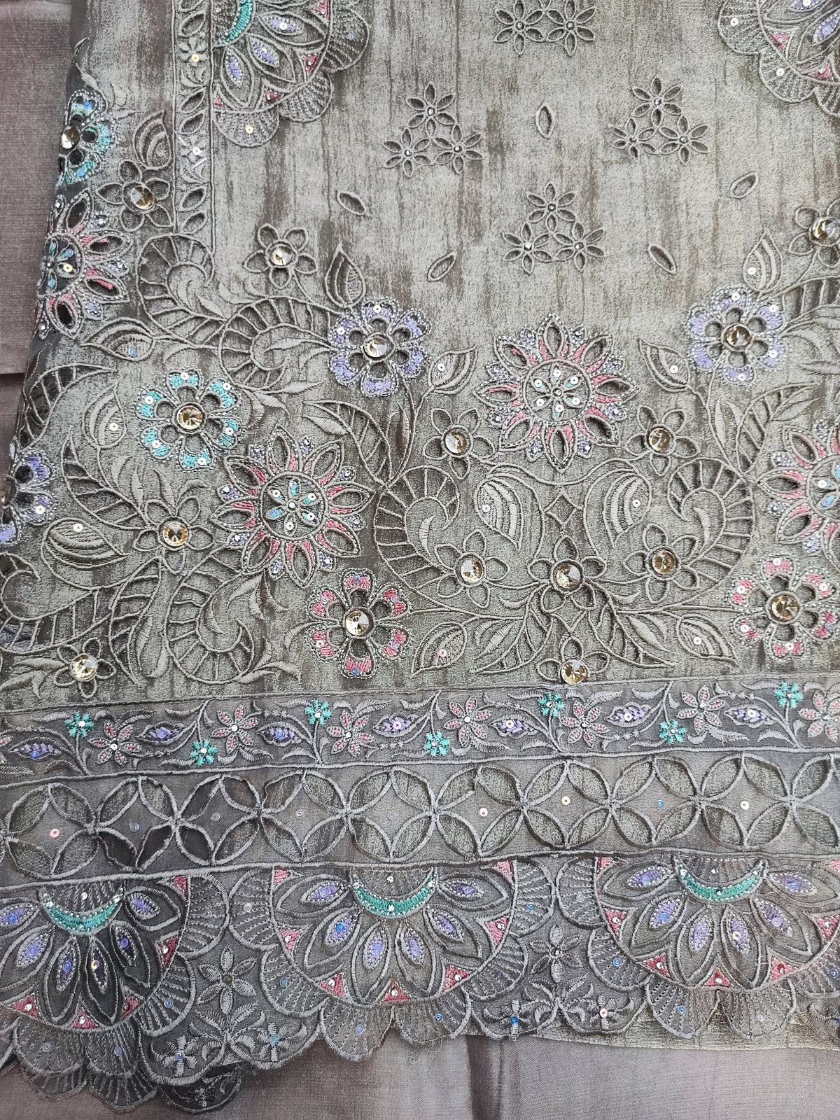 Golden Crushed Tissue Suit with Cutwork & Stones