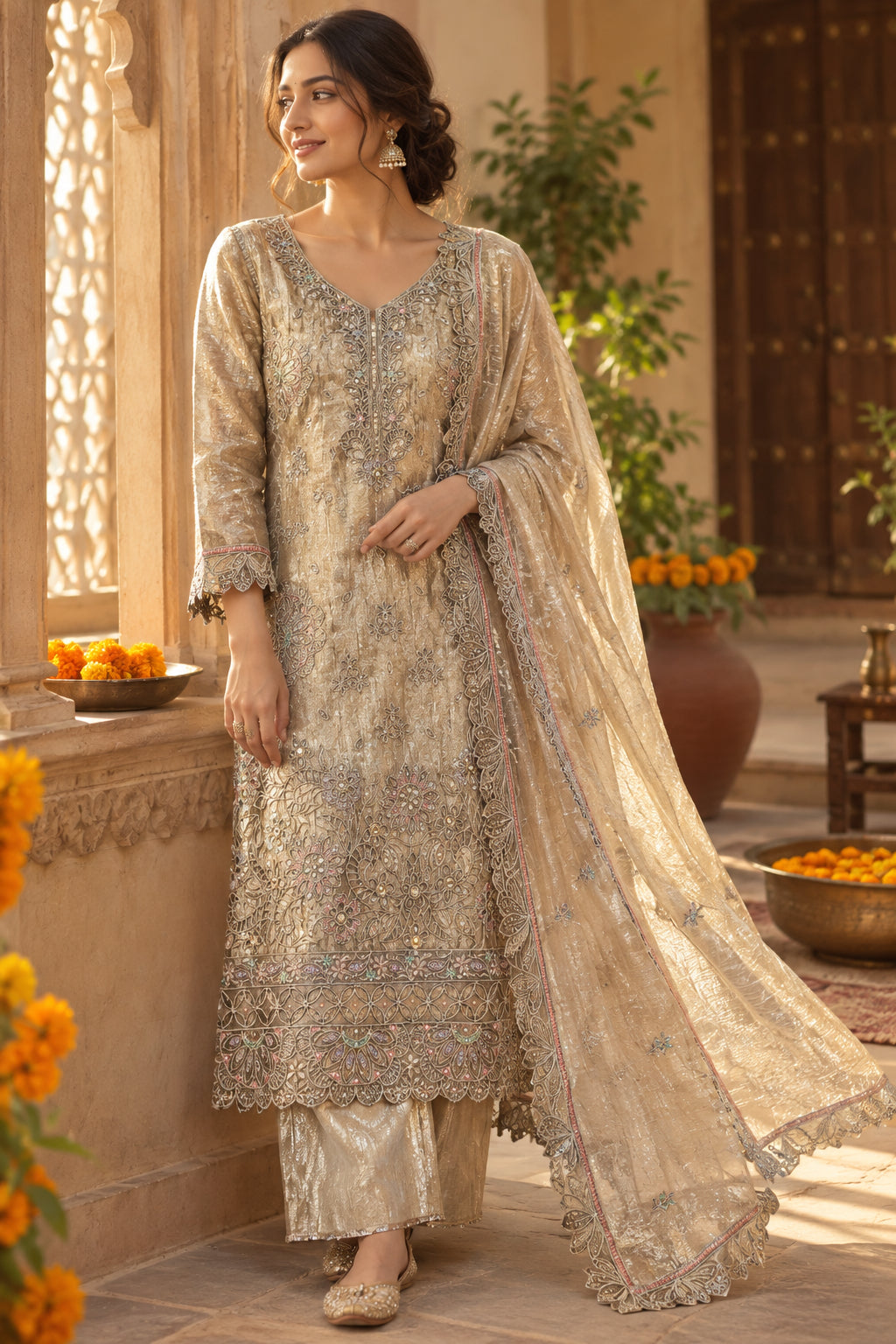 Golden Crushed Tissue Suit with Cutwork & Stones