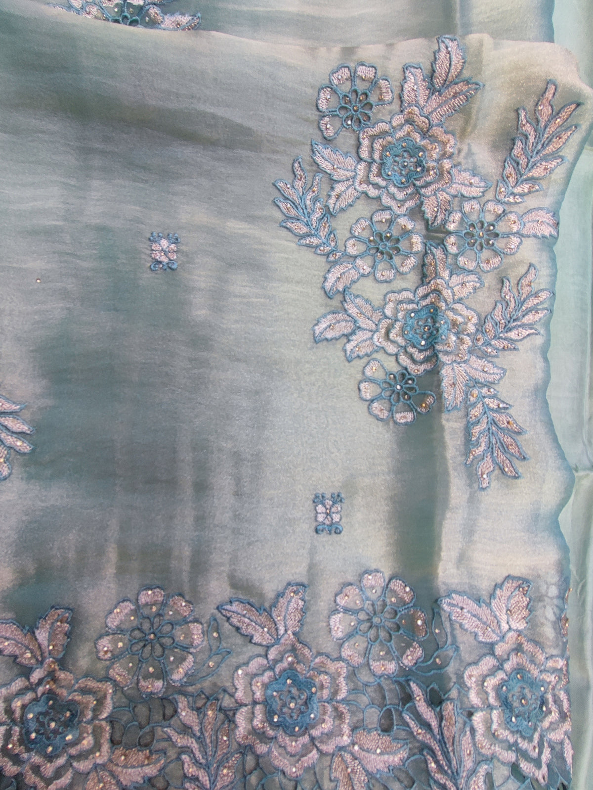 Sea Green Tissue Suit with Thread & Zari Work