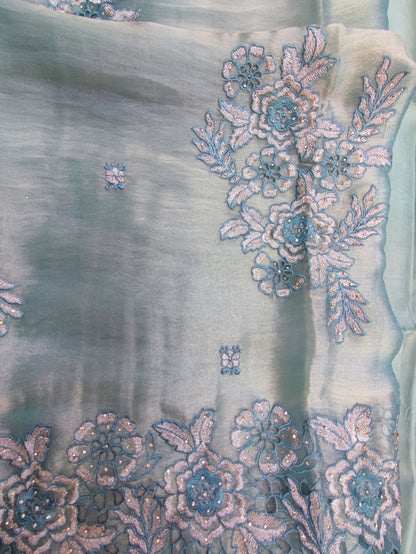 Sea Green Tissue Suit with Thread & Zari Work