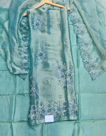 Sea Green Tissue Suit with Thread & Zari Work