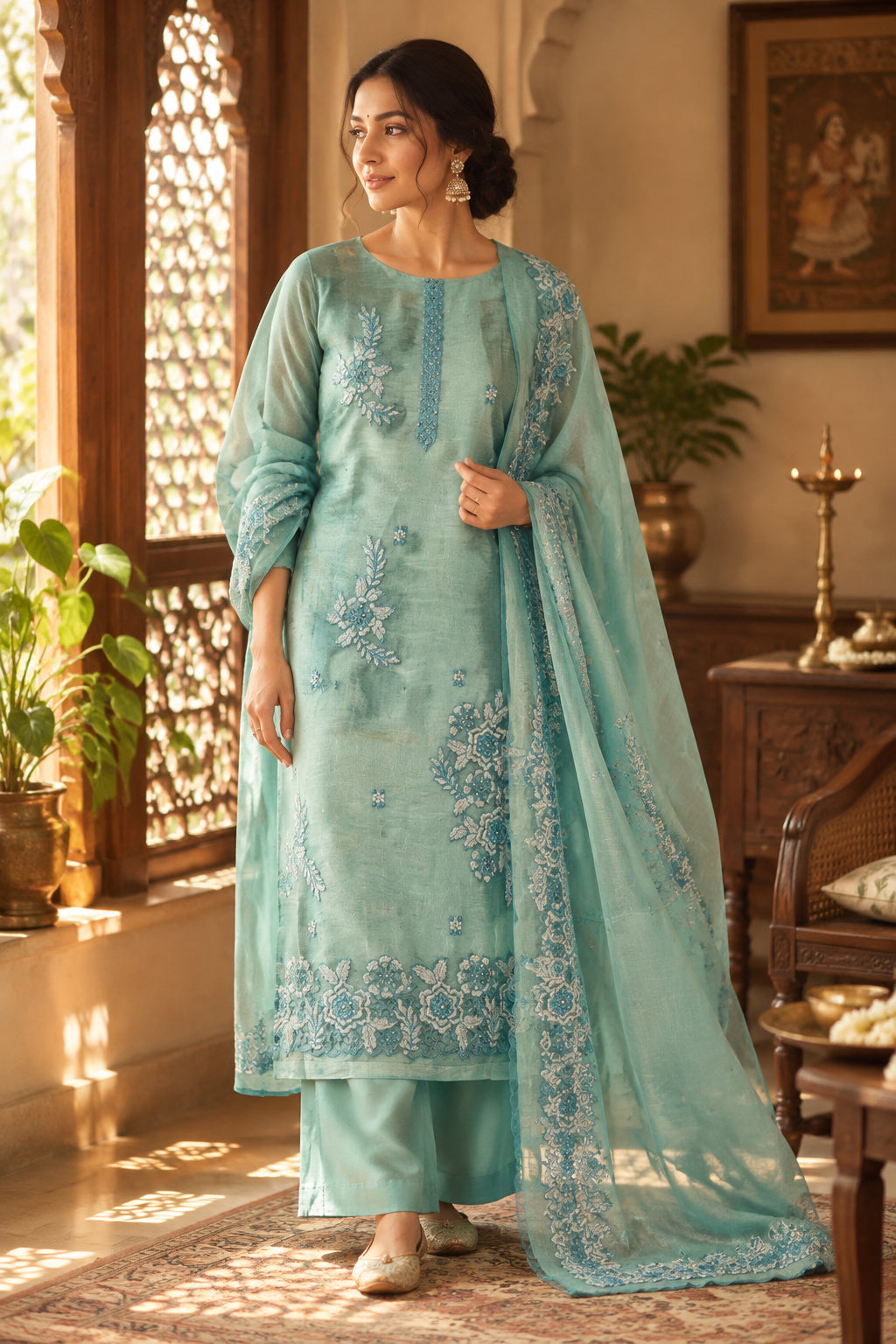 Sea Green Tissue Suit with Thread & Zari Work