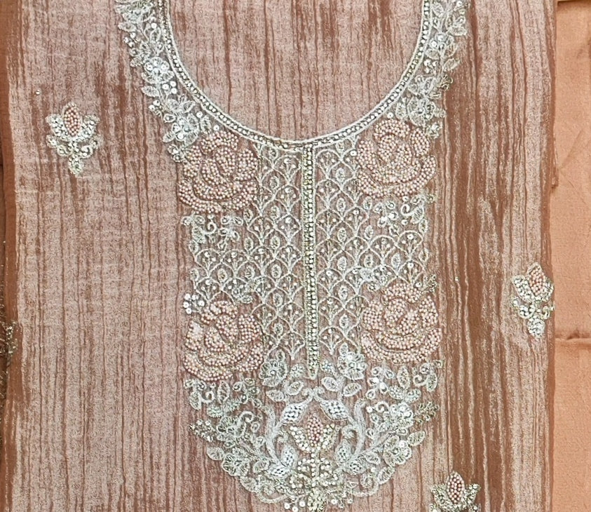 Golden Peach Tissue Suit with Bead & Zari Work