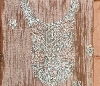 Golden Peach Tissue Suit with Bead & Zari Work