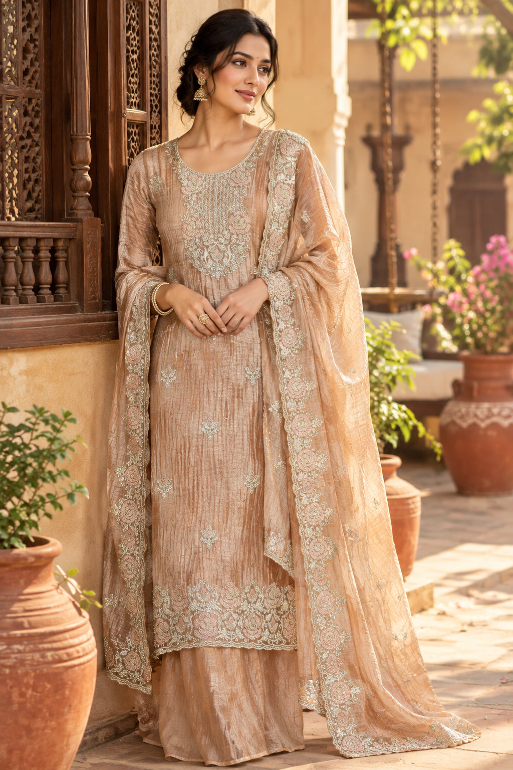 Golden Peach Tissue Suit with Bead & Zari Work