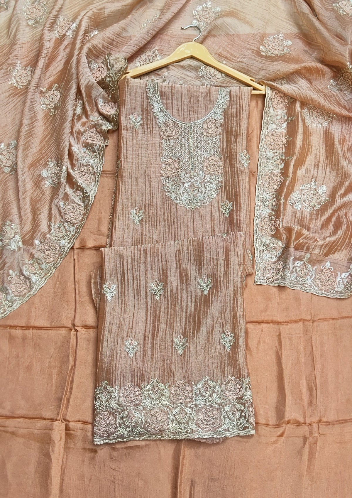 Golden Peach Tissue Suit with Bead & Zari Work