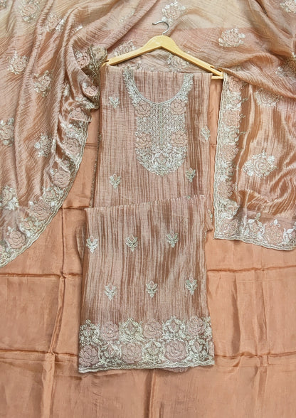 Golden Peach Tissue Suit with Bead & Zari Work