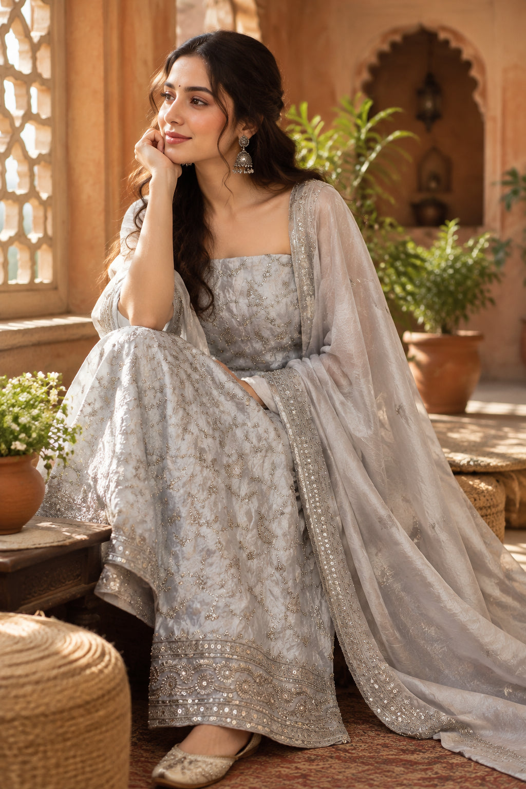 Light Golden Crushed Tissue Suit with Cutwork