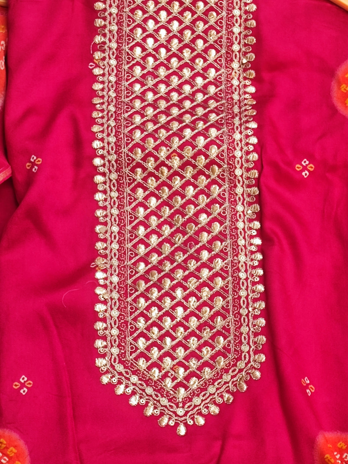Magenta Bandhani Print Muslin Suit with Zari