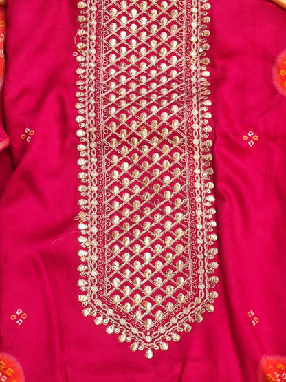 Magenta Bandhani Print Muslin Suit with Zari