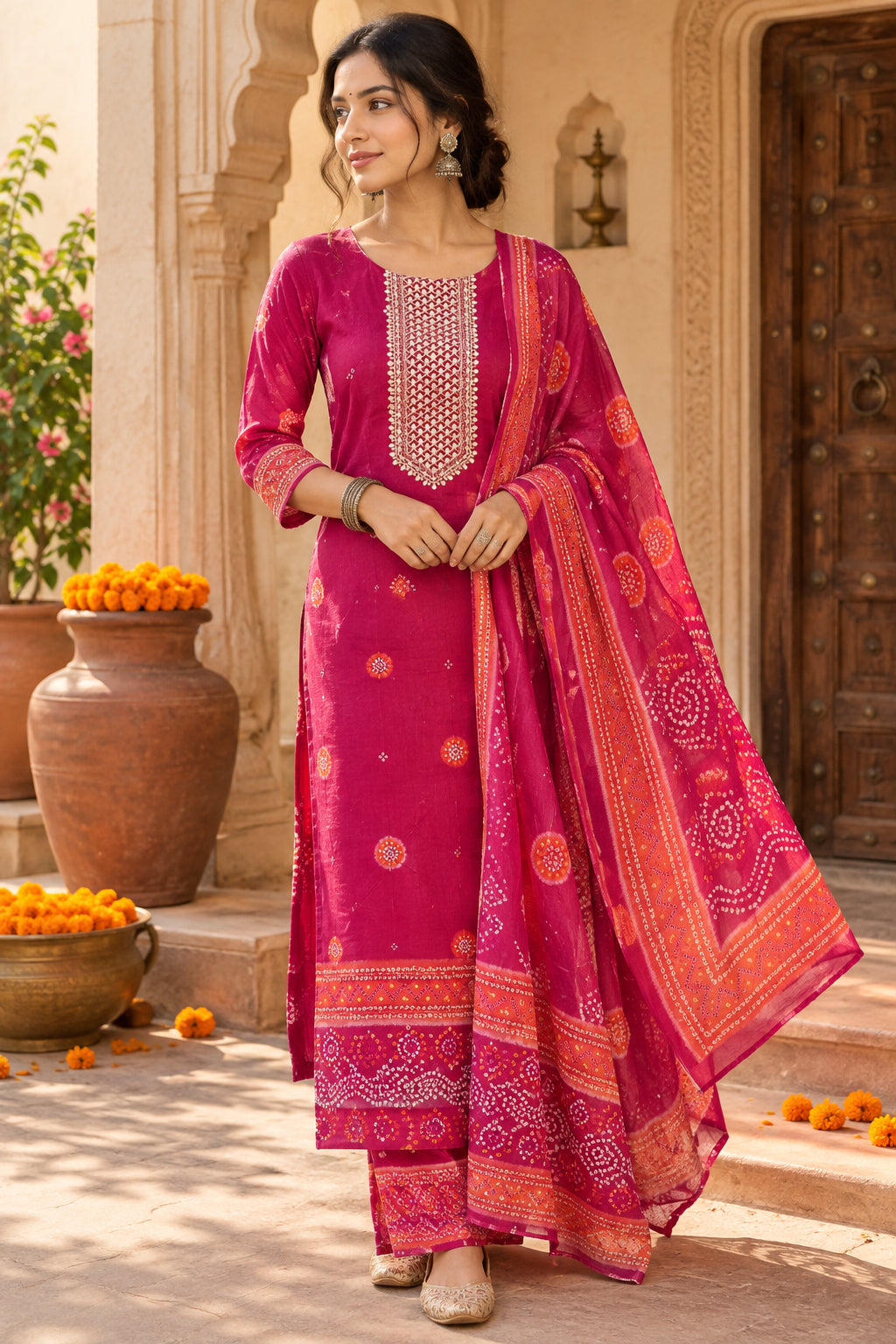 Magenta Bandhani Print Muslin Suit with Zari