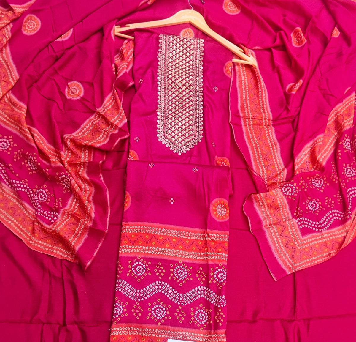 Magenta Bandhani Print Muslin Suit with Zari