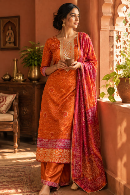 Rusty Orange Bandhani Print Suit