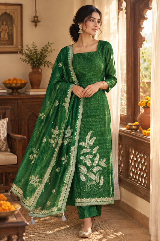 Green Banarasi Silk Suit with Gold Leaf Work