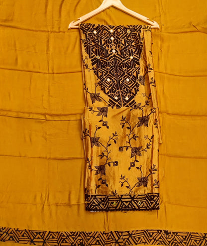 Mustard Muslin Silk Suit with Applique Work