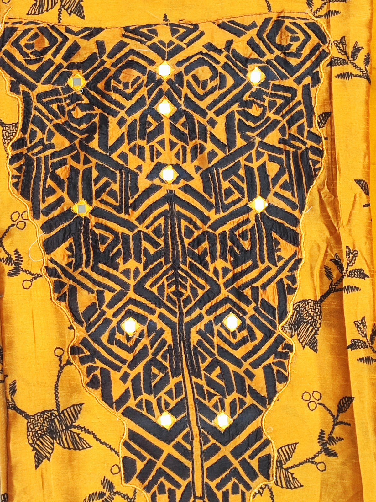 Mustard Muslin Silk Suit with Applique Work