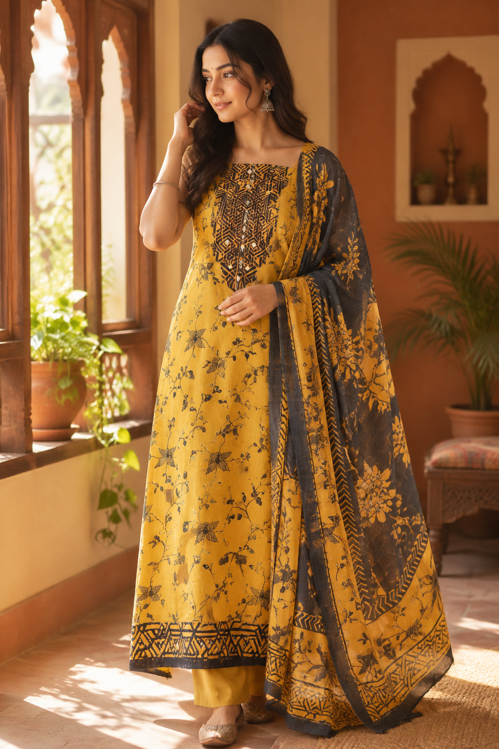 Mustard Muslin Silk Suit with Applique Work