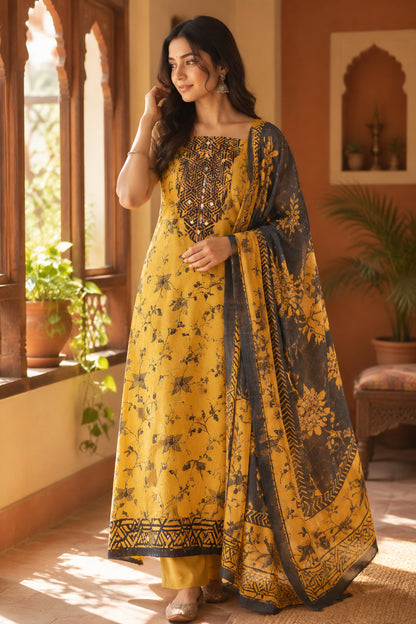 Mustard Muslin Silk Suit with Applique Work